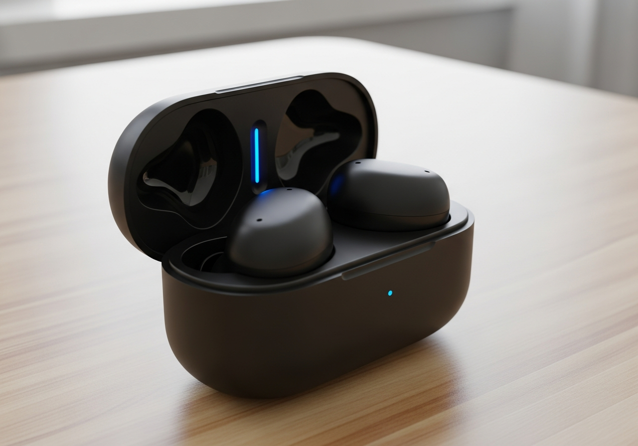 White wireless earbuds with a charging case, highlighted with red lighting on a reflective black surface.