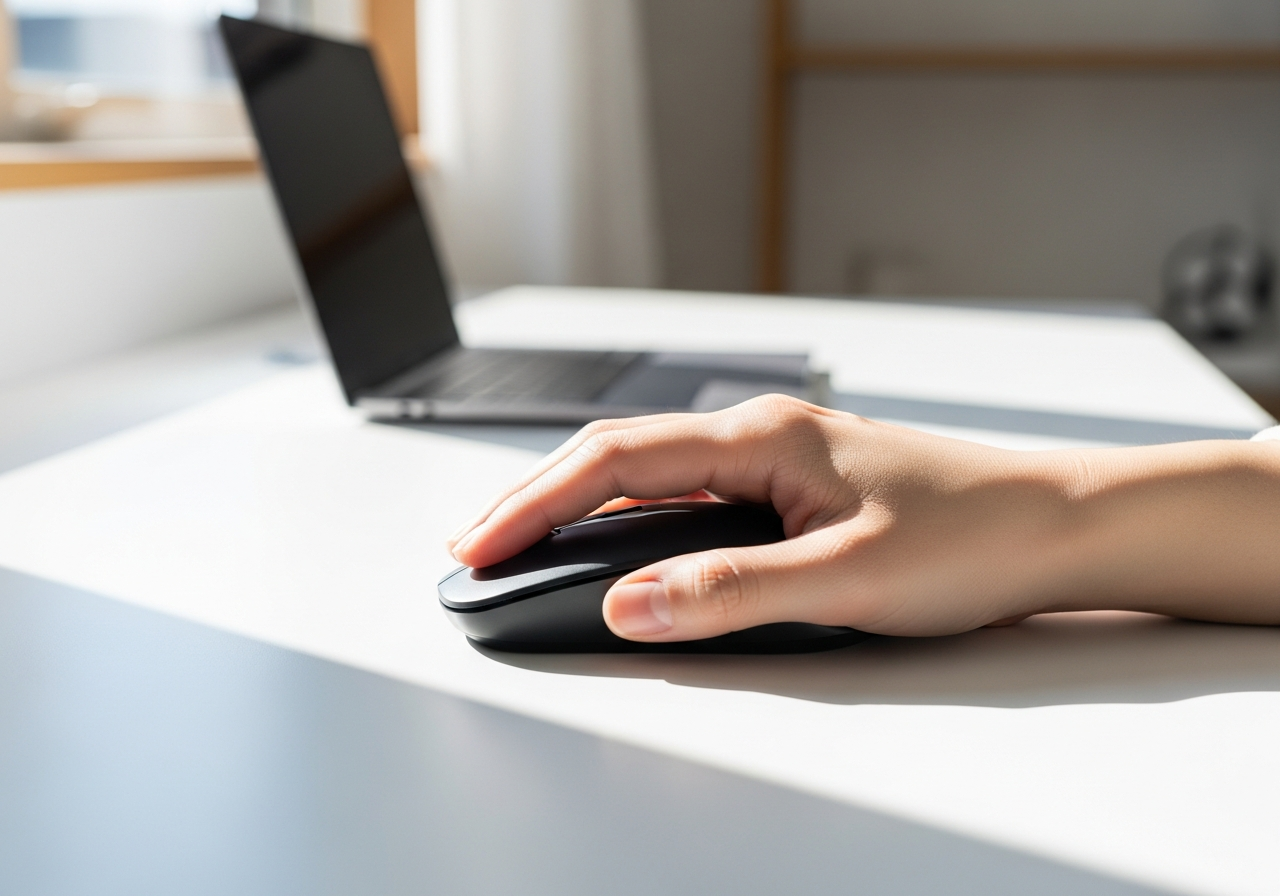 A wireless mouse beside a laptop on a wooden desk, ideal for tech & workspace themes.