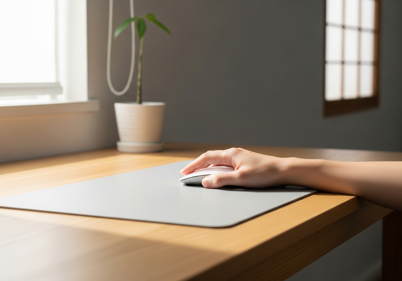 A clean, minimalist workspace featuring a keyboard, mouse、and tablet on a white desk.