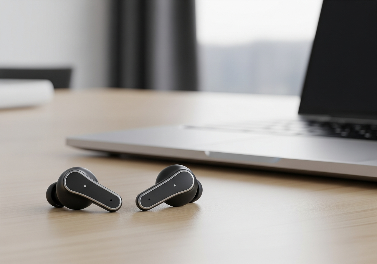 Stylish black headphones with cable lying on a wooden floor in a low-angle shot.