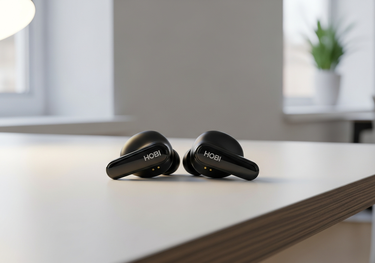 Top view of wireless earbuds with charging case on a white surface, showcasing sleek design & technology.