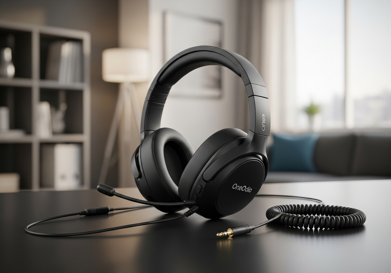 Close-up of black wired headphones with a visible logo on a wooden surface.