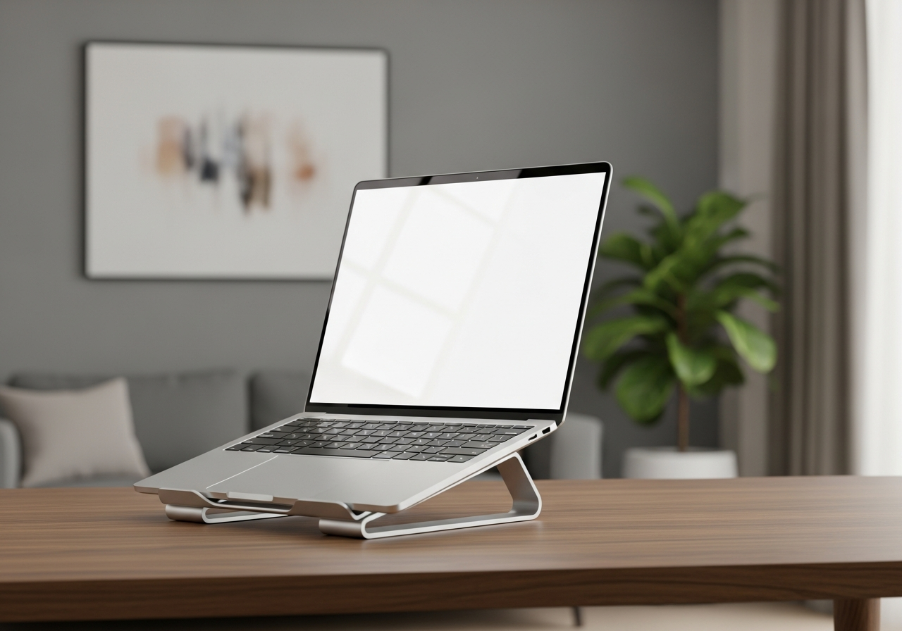 Modern thin netbook & wireless mouse placed on wooden desk with cup of drink