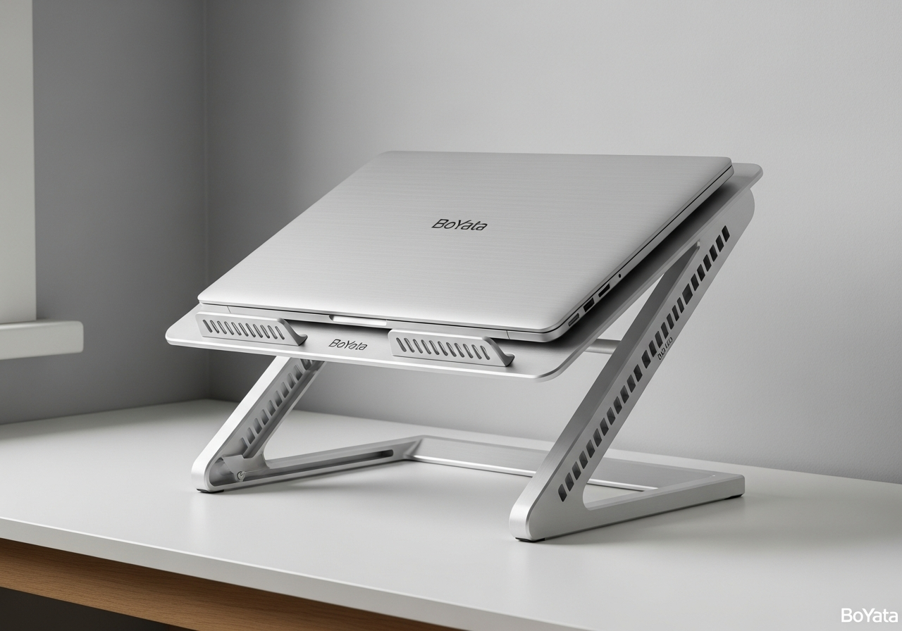Opened contemporary netbook placed on stand on table near computer monitor