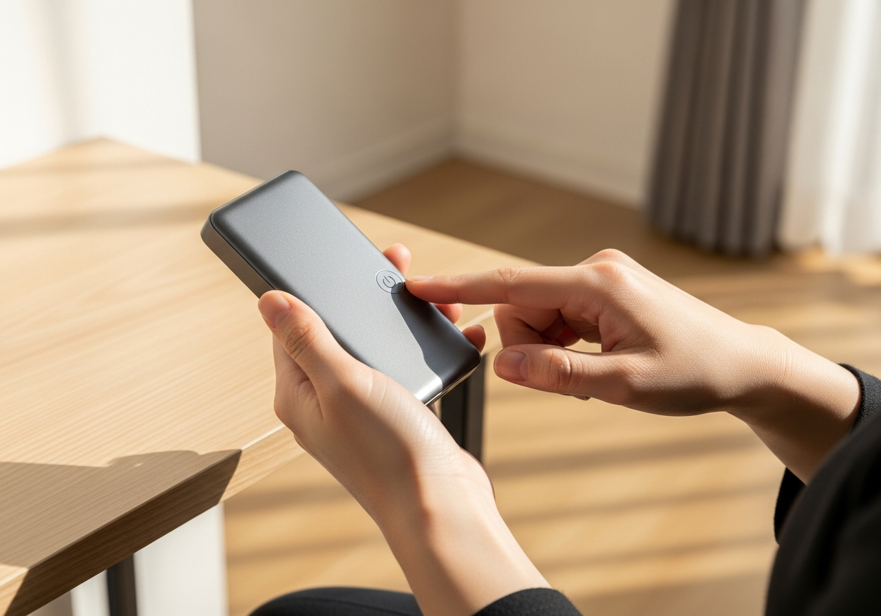 A smartphone charging via an orange cable connected to a power bank on a wooden surface.
