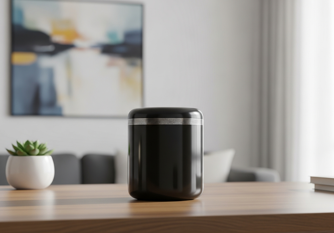 Red portable speaker & smartphone on a stool outdoors, showcasing modern gadget