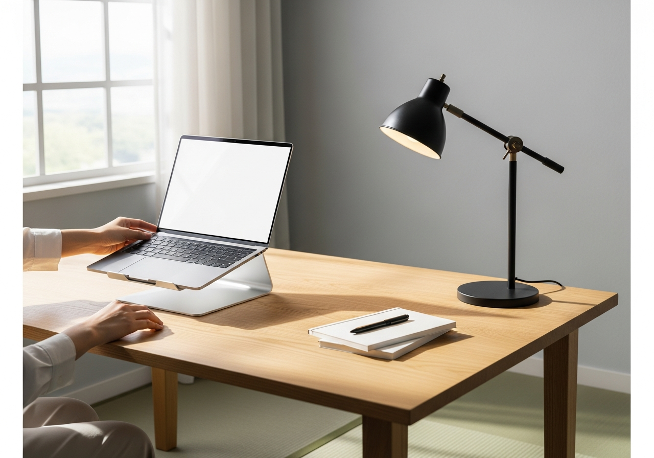 A sleek laptop on a desk in a bright & modern office setting.
