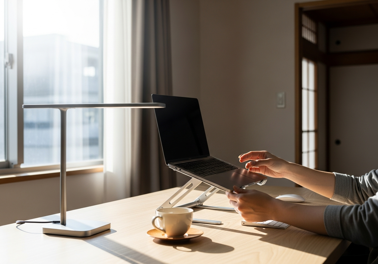 Side view of a laptop on a stand with a notebook & pen on a white desk.
