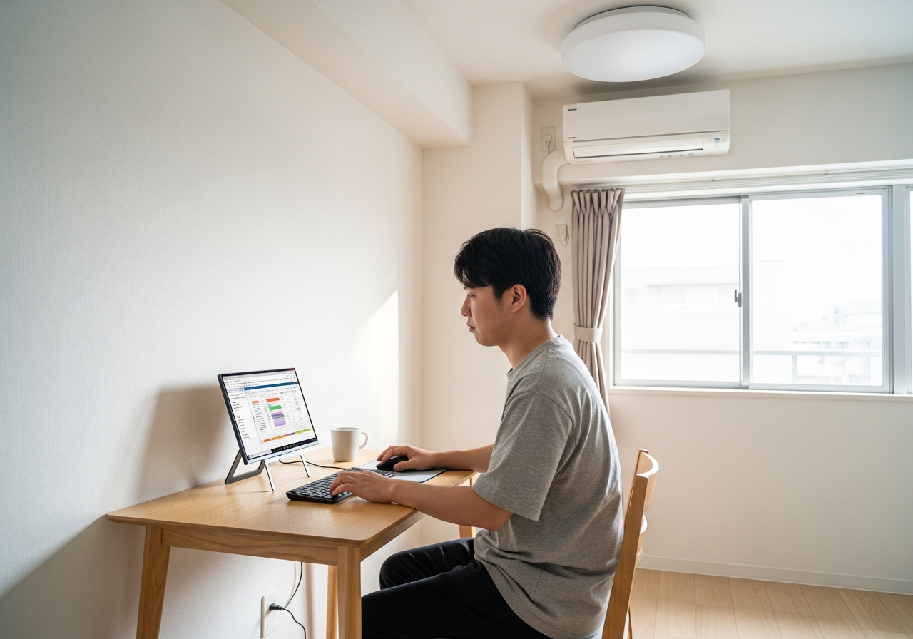 Cozy home office setup with dual monitors displaying autumn scenery.