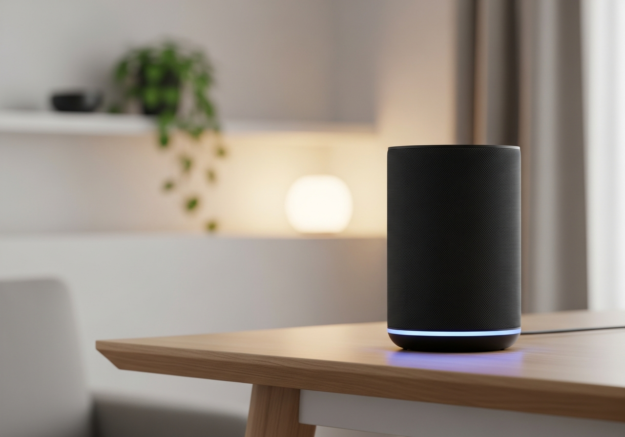 Close-up view of a smart speaker on a wooden surface, showcasing modern technology