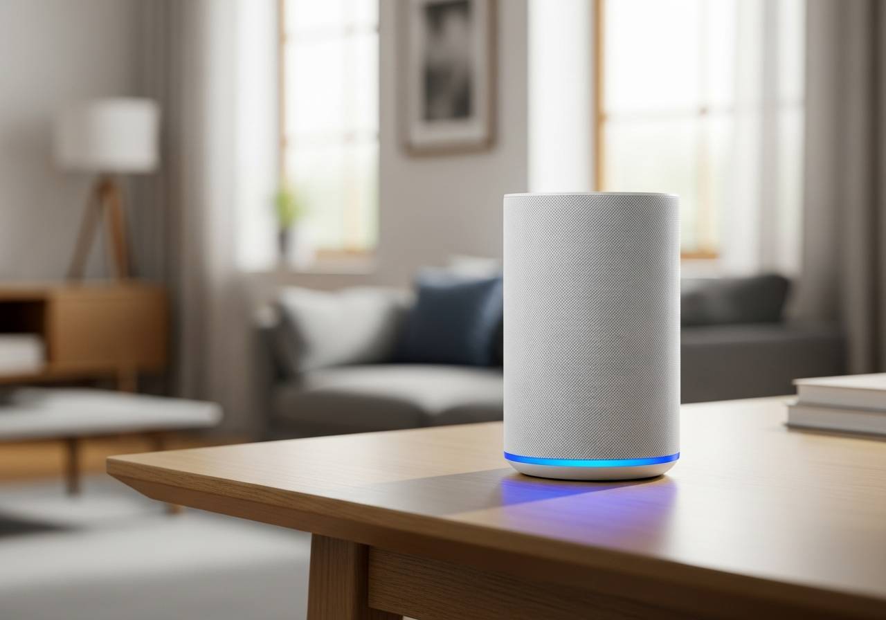 A modern smart speaker sits on a wooden table in a cozy, minimalist living room