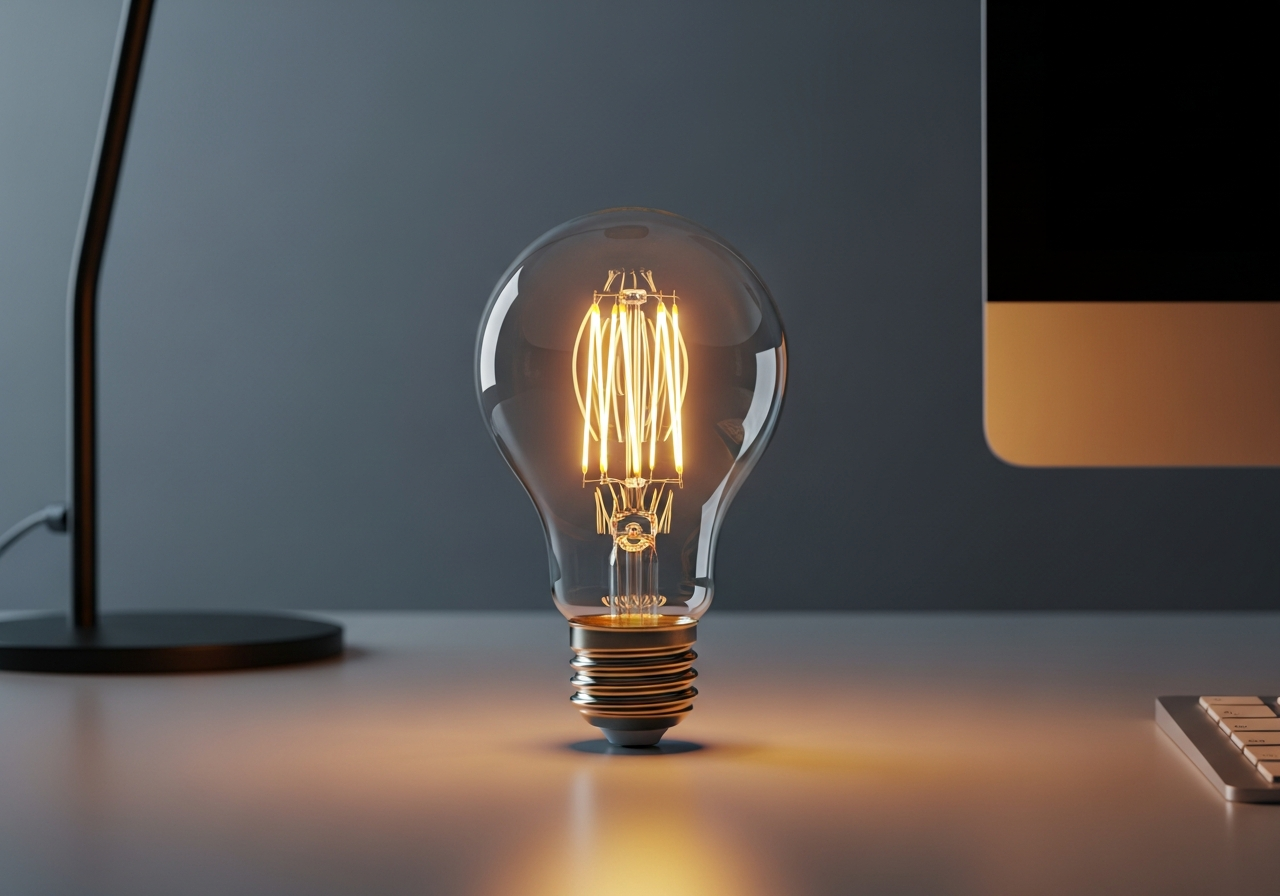 Warm lighting from LED bulb on table, creating a cozy indoor ambiance