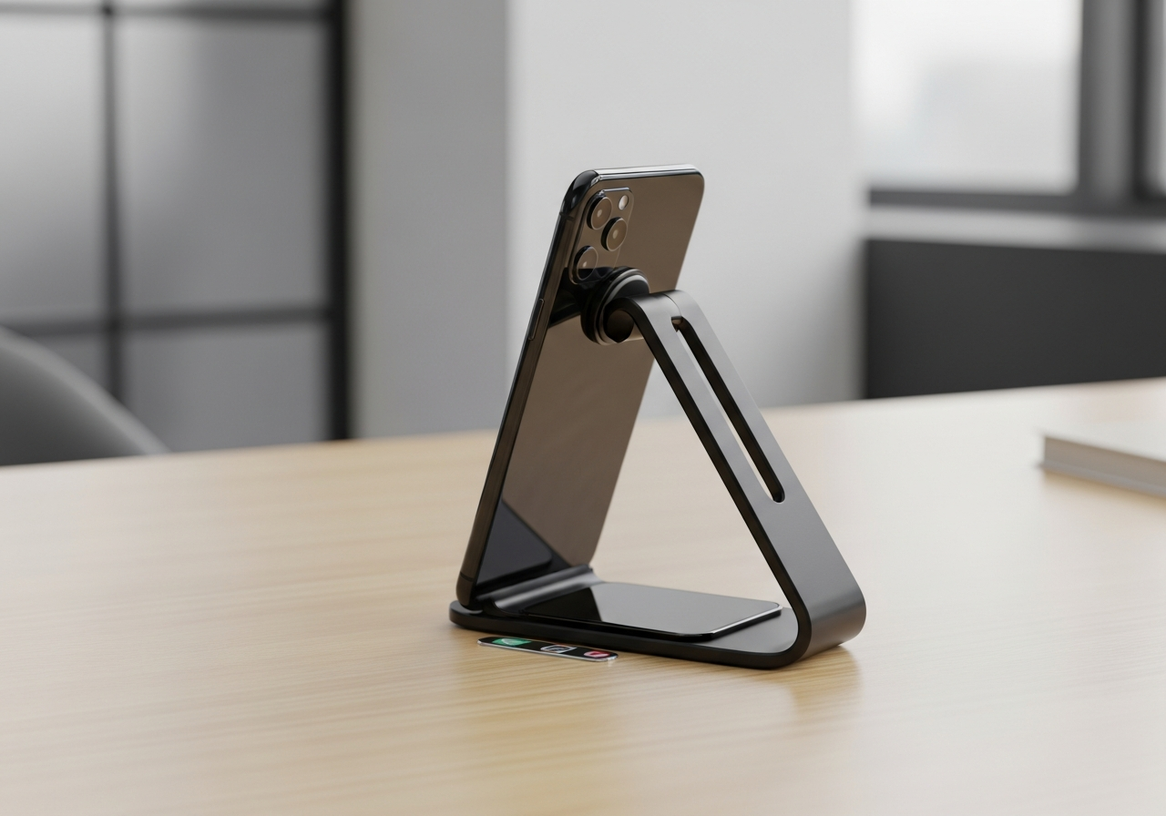 Close-up of a smartphone with a case on a stylish stand indoors.