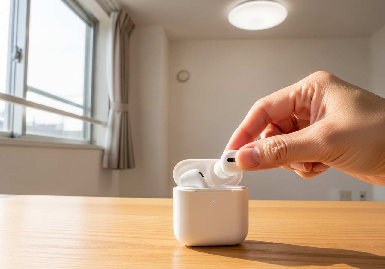 Modern black wireless earbuds resting on a silver laptop keyboard, showcasing sleek design & technology.
