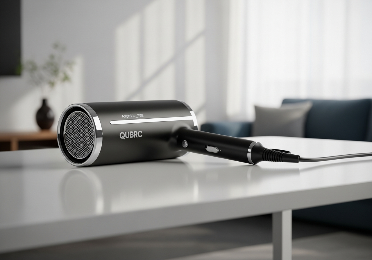 Young woman drying hair with blow dryer by open window at home.