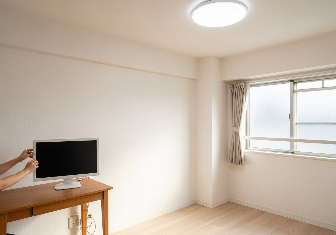 A stylish workspace setup featuring dual monitors, ambient lighting、and a wooden desk.
