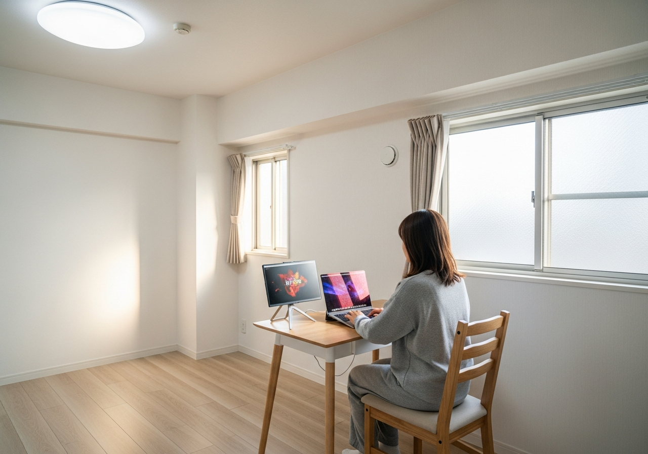 A stylish workspace setup featuring dual monitors, ambient lighting、and a wooden desk.