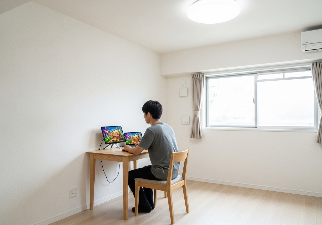 A young man intensely gaming on a computer at home, showcasing a modern gaming setup.
