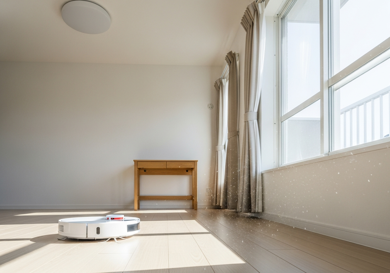 A woman in jeans interacts with a robotic vacuum cleaner in a cozy, stylish living room.