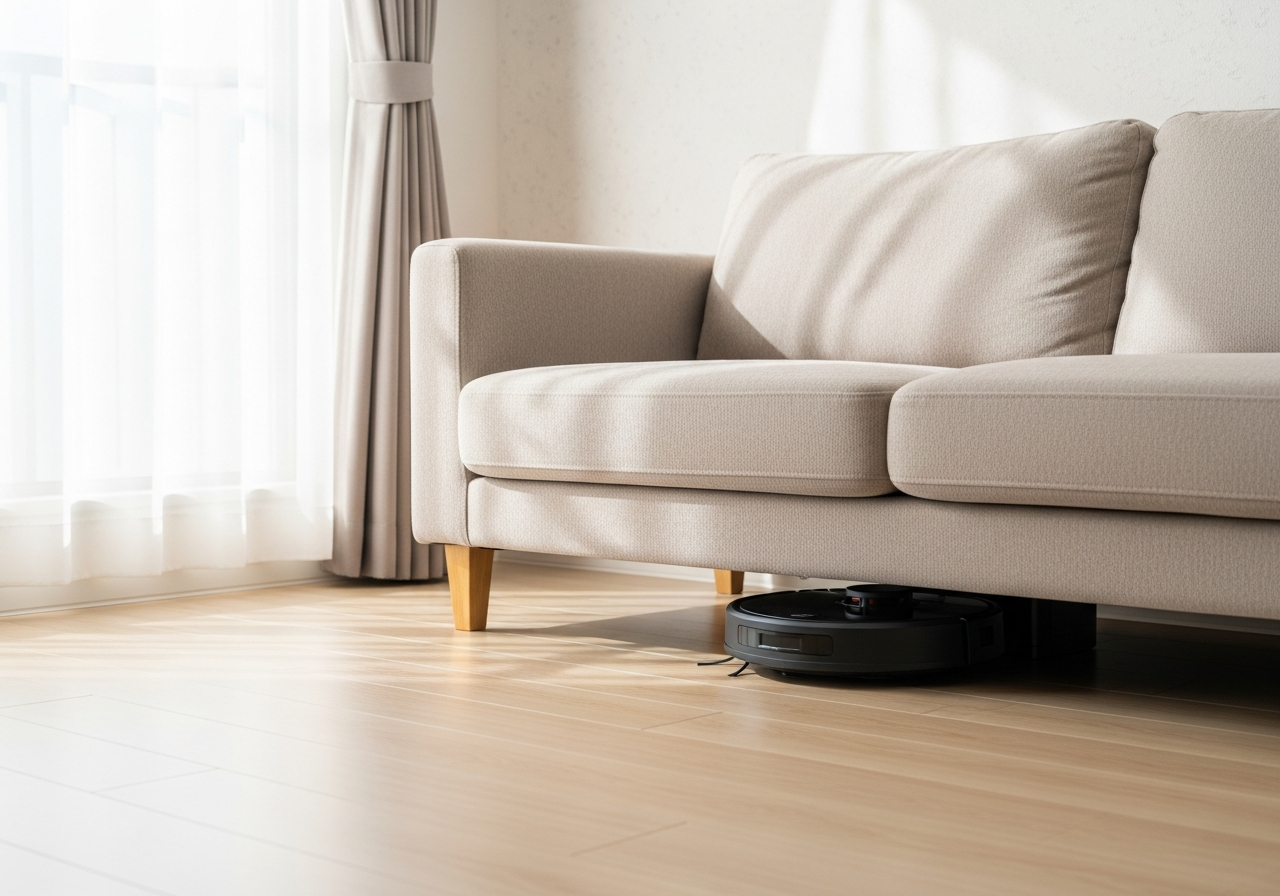 Adult man enjoys reading a book & drinking tea in a modern living room, featuring a cleaning robot & sofa.