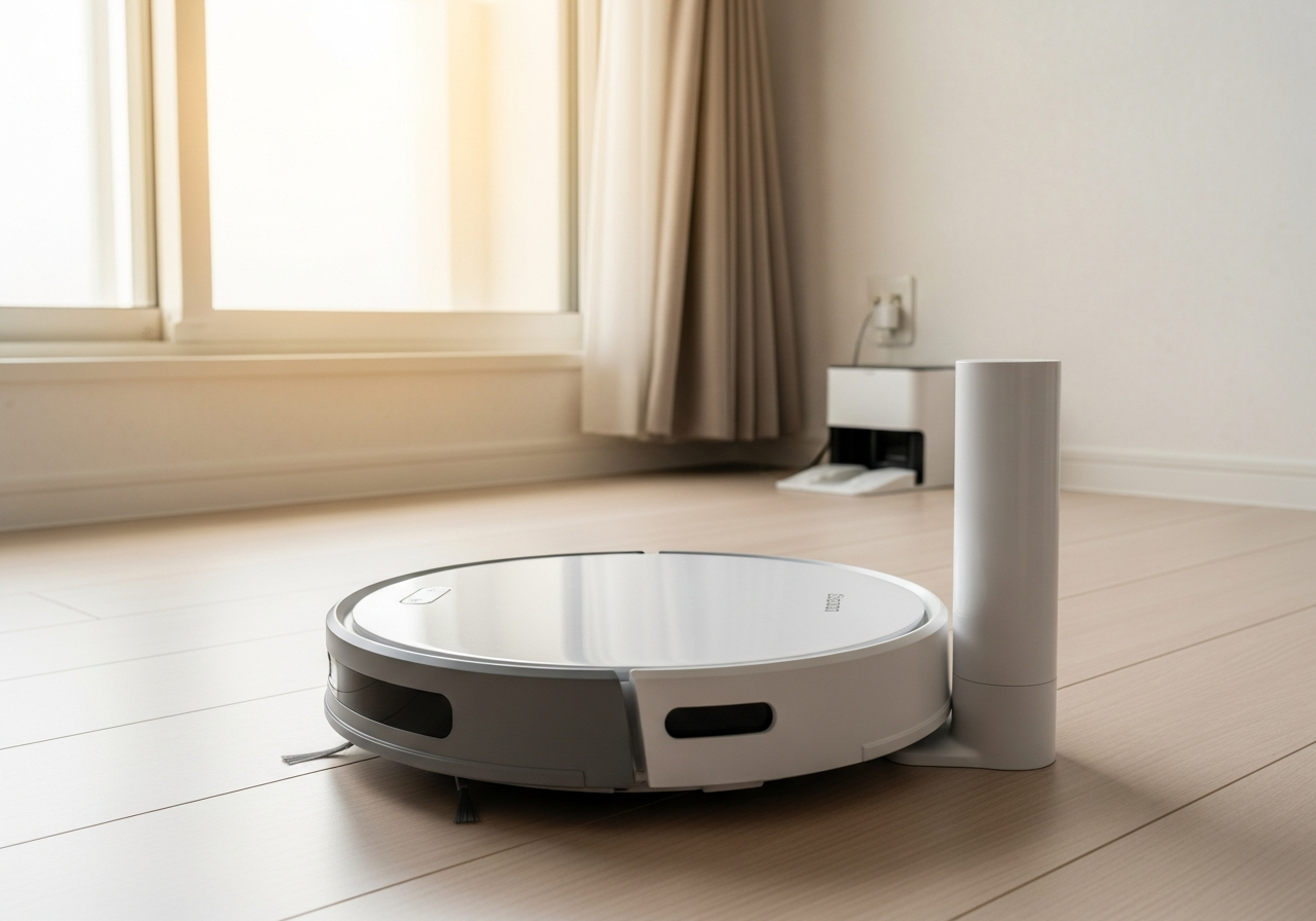 Autonomous vacuum cleaner navigating wooden floor indoors, showcasing smart home technology.