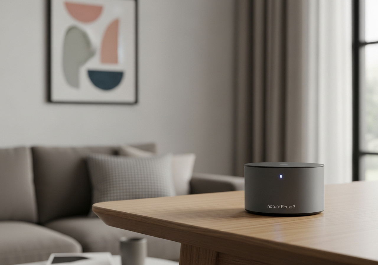 A smart home nightstand featuring a motion sensor, digital clock、and warm-toned lamp, creating a cozy ambiance.