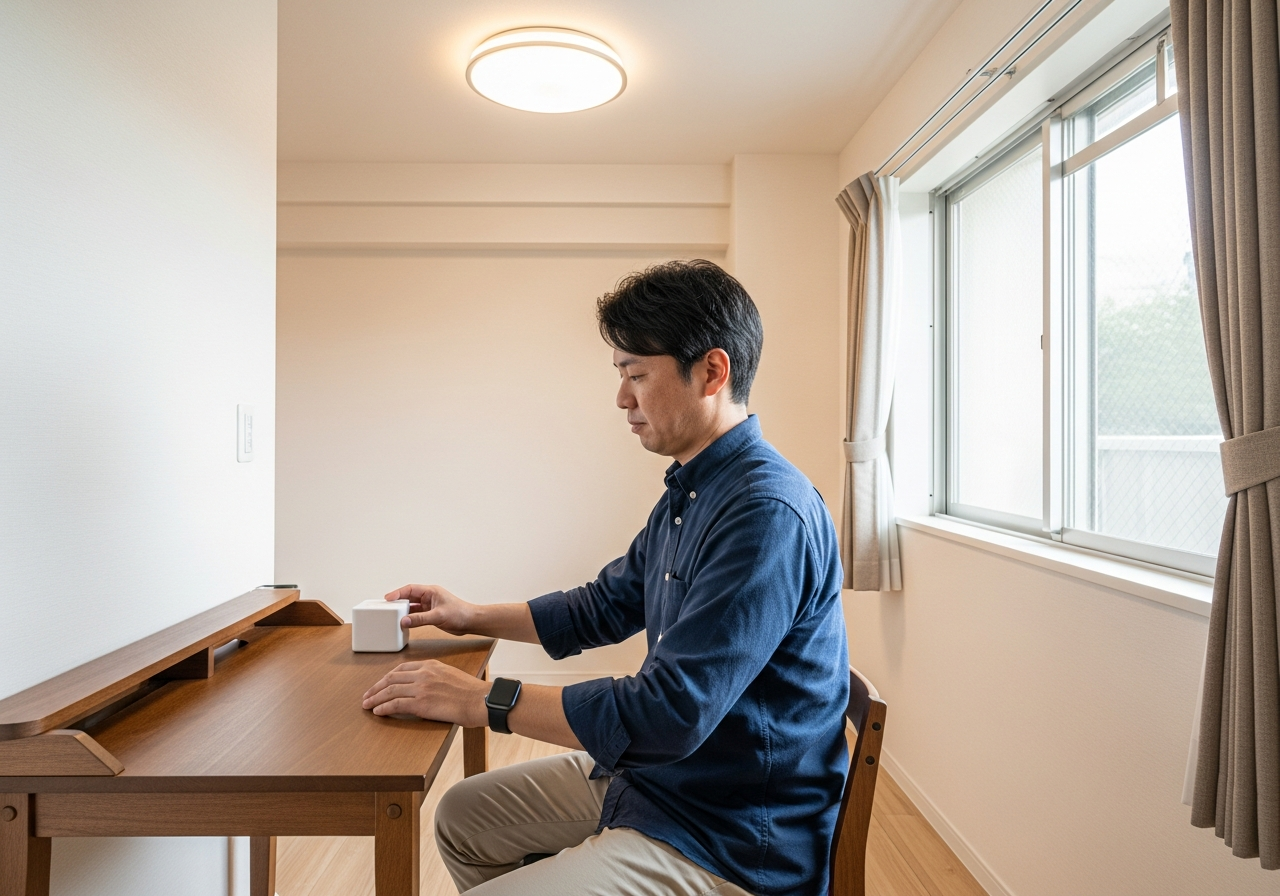 Hands holding a smartphone & remote control in a high-tech home setup with TV & other electronic devices.