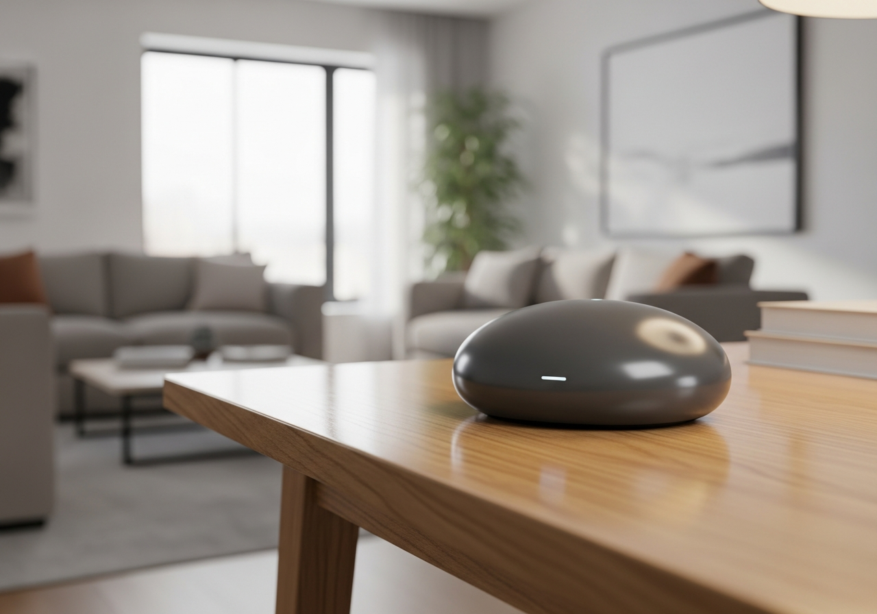 Hands holding a smartphone & remote control in a high-tech home setup with TV & other electronic devices.