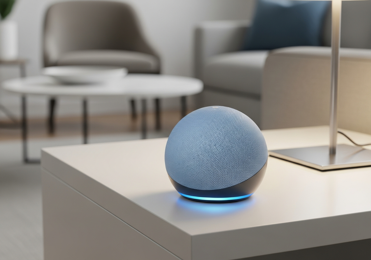 A smart speaker, laptop、and smartphone array representing modern technology lifestyle on a wooden surface.