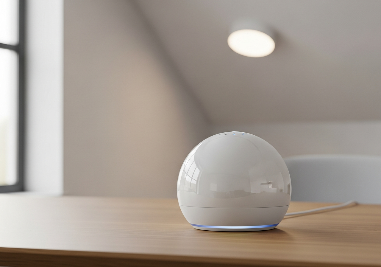 A modern smart speaker sits on a wooden table in a cozy, minimalist living room setting.