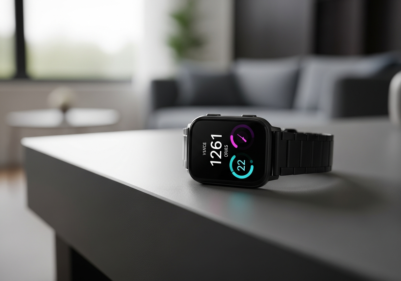 Modern smartwatch displaying time on a sleek dark gray surface, perfect for tech