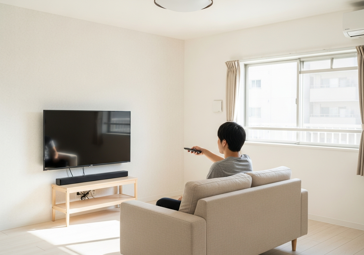 Stylish minimalist living room featuring a wall-mounted flat screen TV & wooden console.