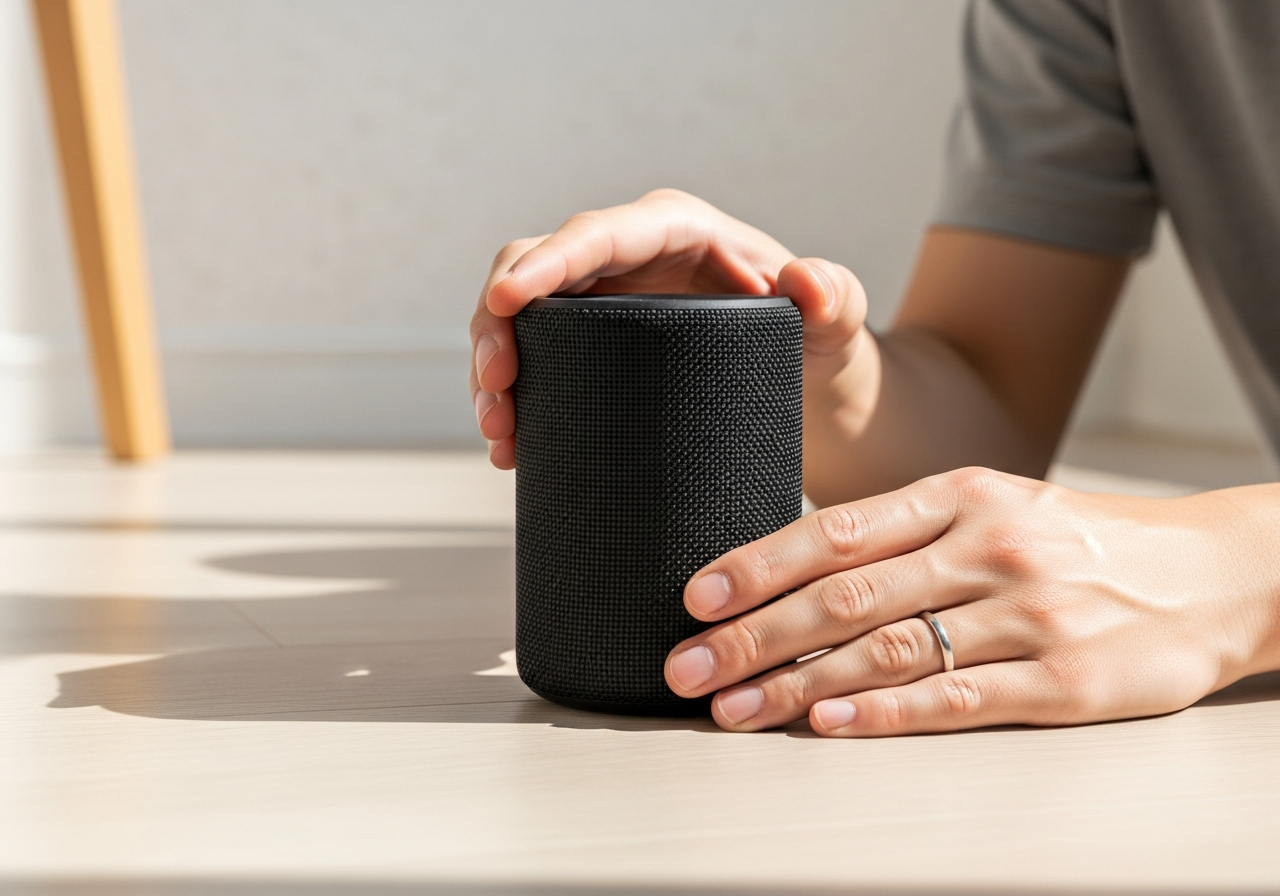 A sleek portable Bluetooth speaker next to a smartphone on a wooden table, emphasizing modern technology.
